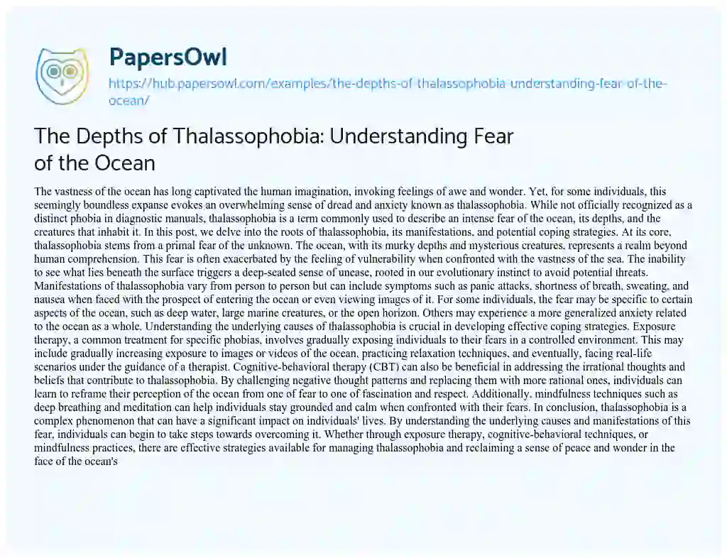 Essay on The Depths of Thalassophobia: Understanding Fear of the Ocean