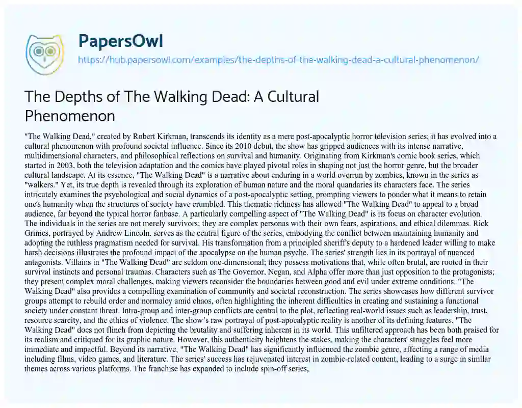 Essay on The Depths of The Walking Dead: A Cultural Phenomenon