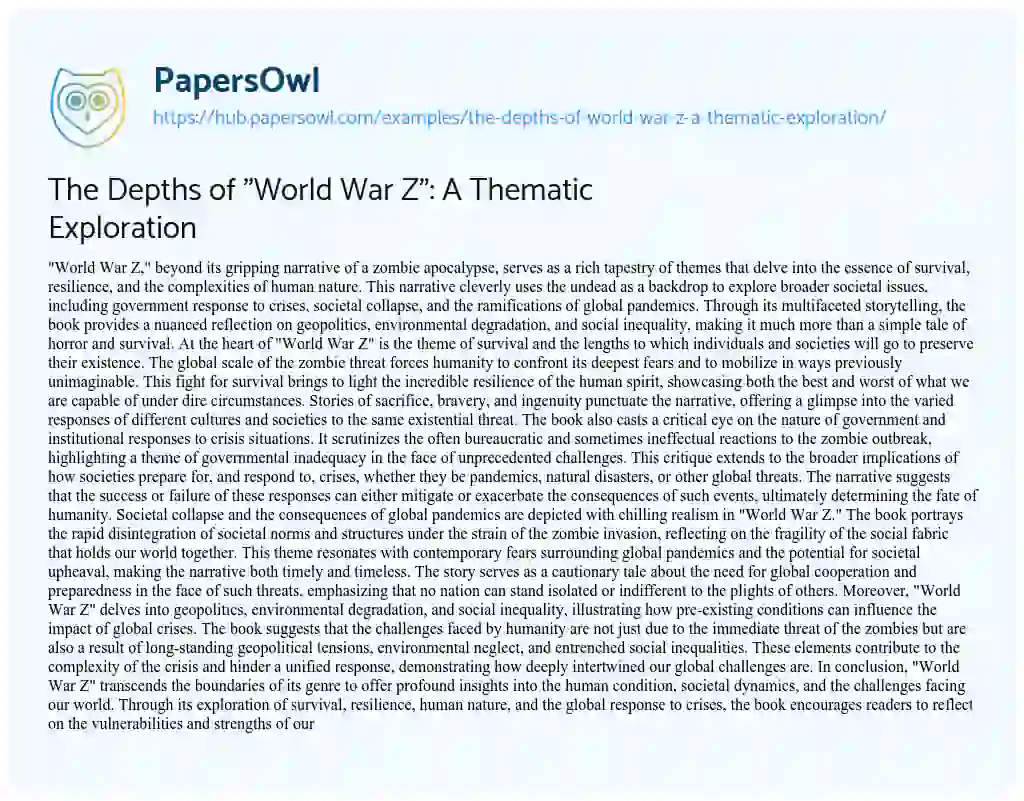 Essay on The Depths of “World War Z”: A Thematic Exploration