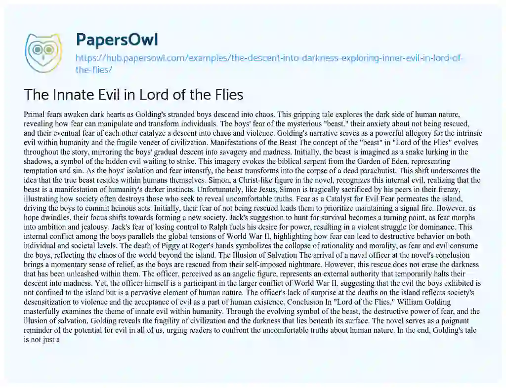 Essay on The Innate Evil in Lord of the Flies