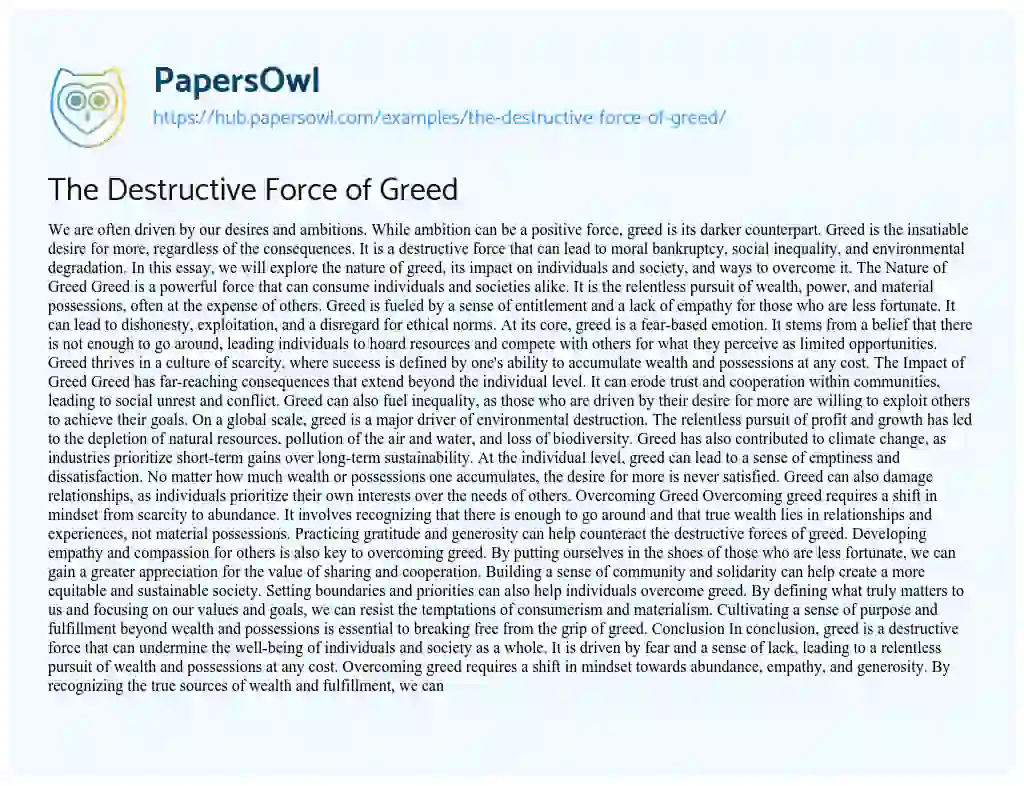 Essay on The Destructive Force of Greed
