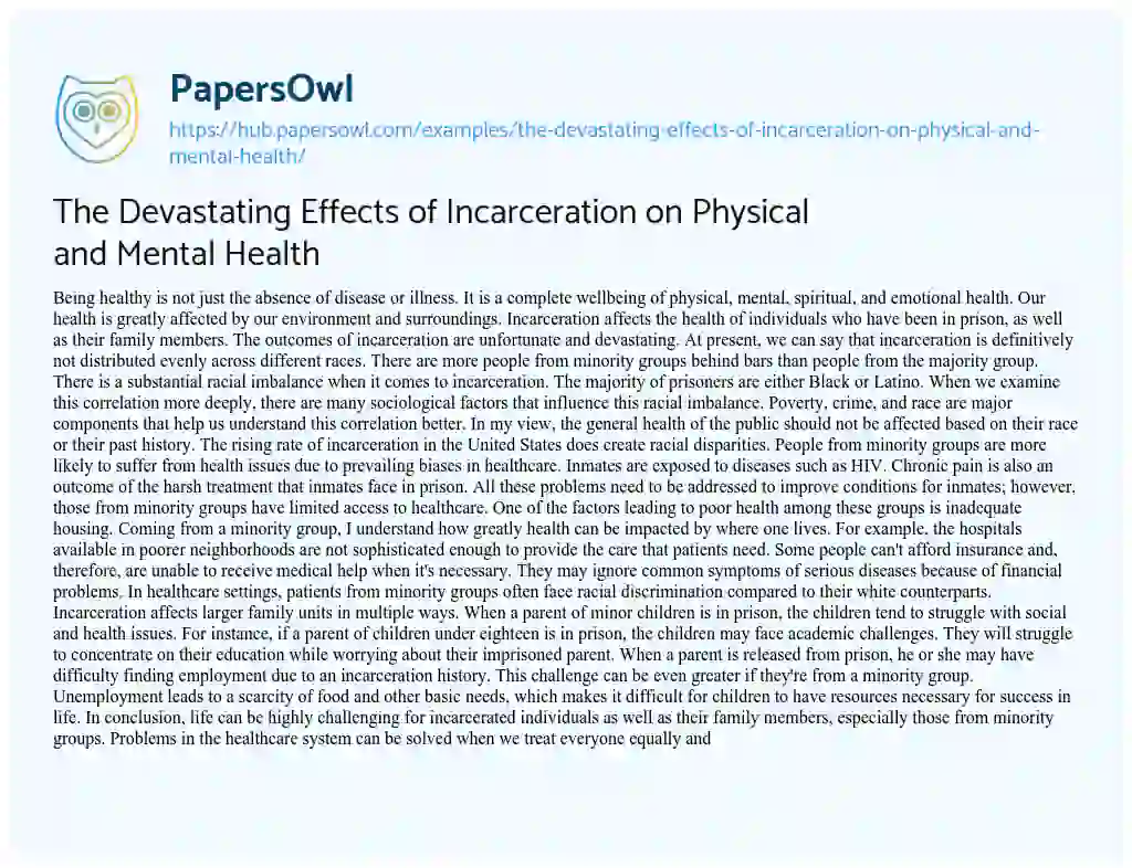 Essay on The Devastating Effects of Incarceration on Physical and Mental Health