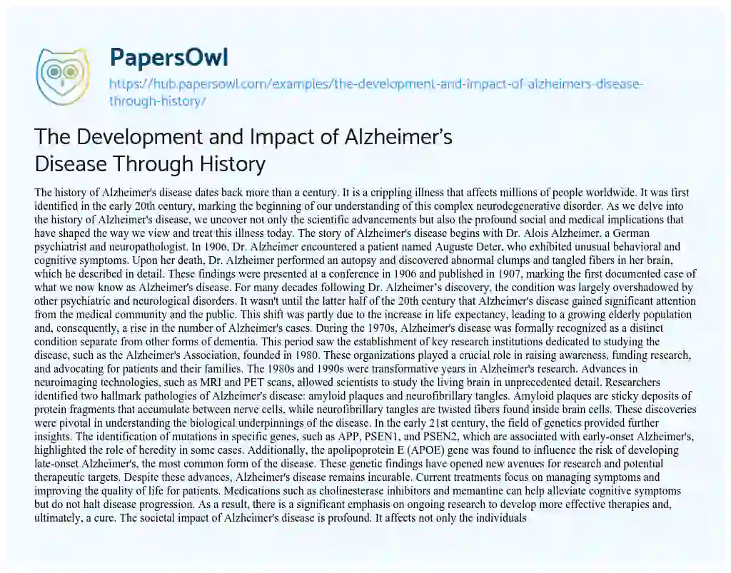 Essay on The Development and Impact of Alzheimer’s Disease Through History