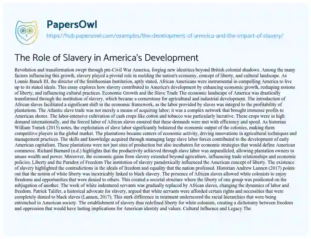 Essay on The Role of Slavery in America’s Development