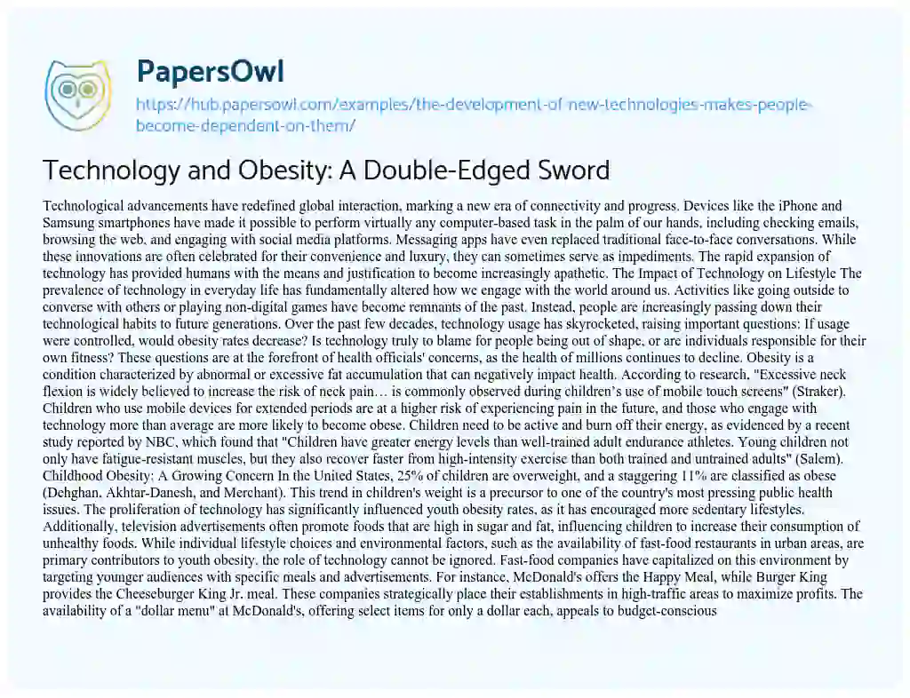 Essay on Technology and Obesity: A Double-Edged Sword