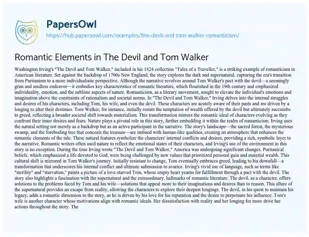 Essay on Romantic Elements in The Devil and Tom Walker