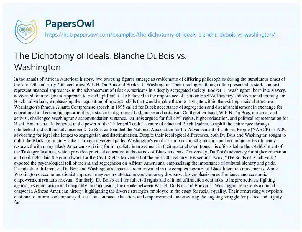 Essay on The Dichotomy of Ideals: Blanche DuBois vs. Washington