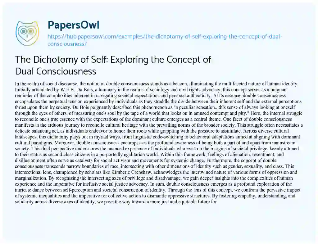 Essay on The Dichotomy of Self: Exploring the Concept of Dual Consciousness