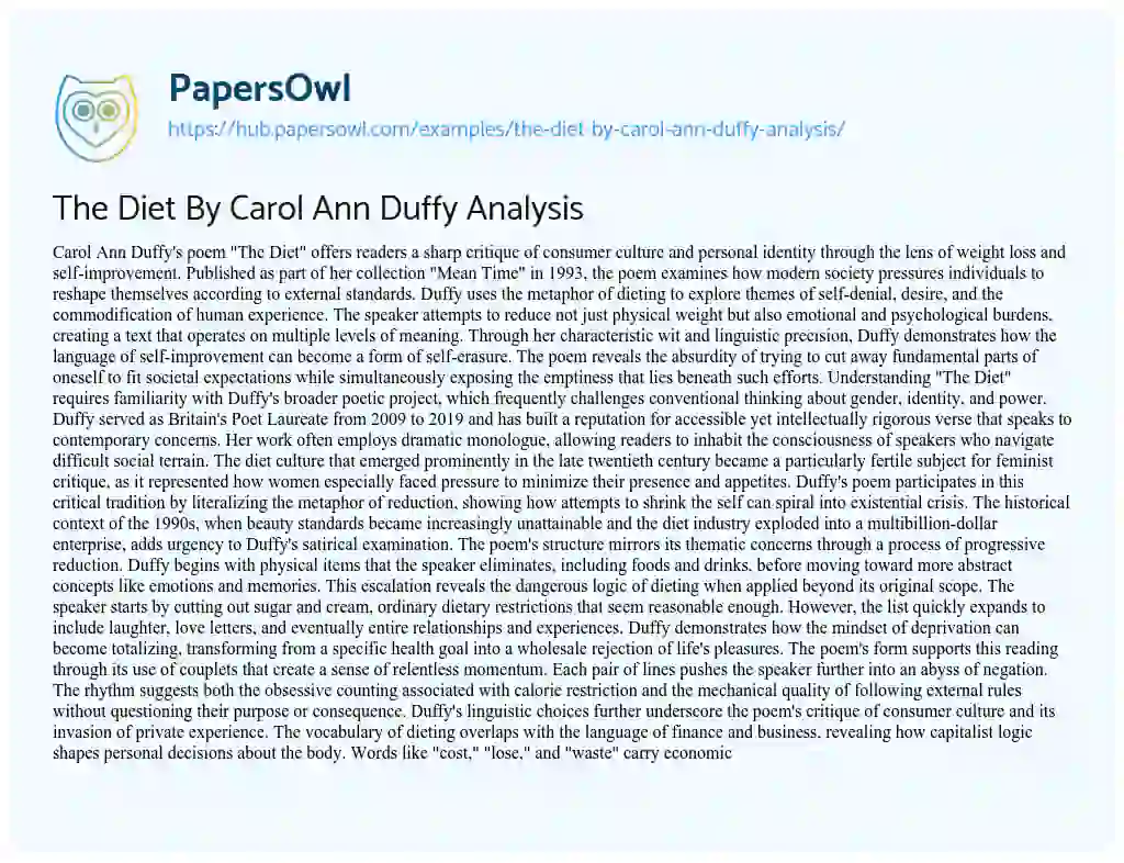 Essay on The Diet By Carol Ann Duffy Analysis