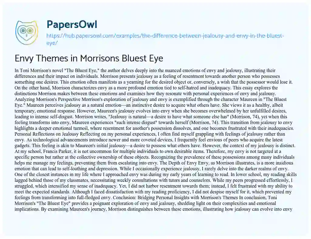 Essay on Envy Themes in Morrisons Bluest Eye