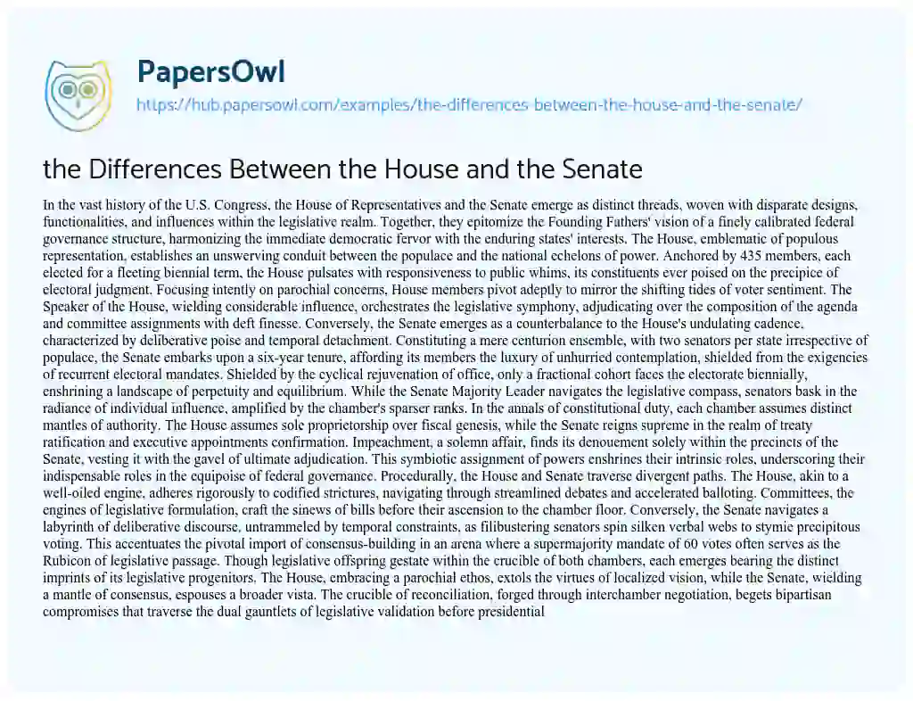 Essay on the Differences Between the House and the Senate