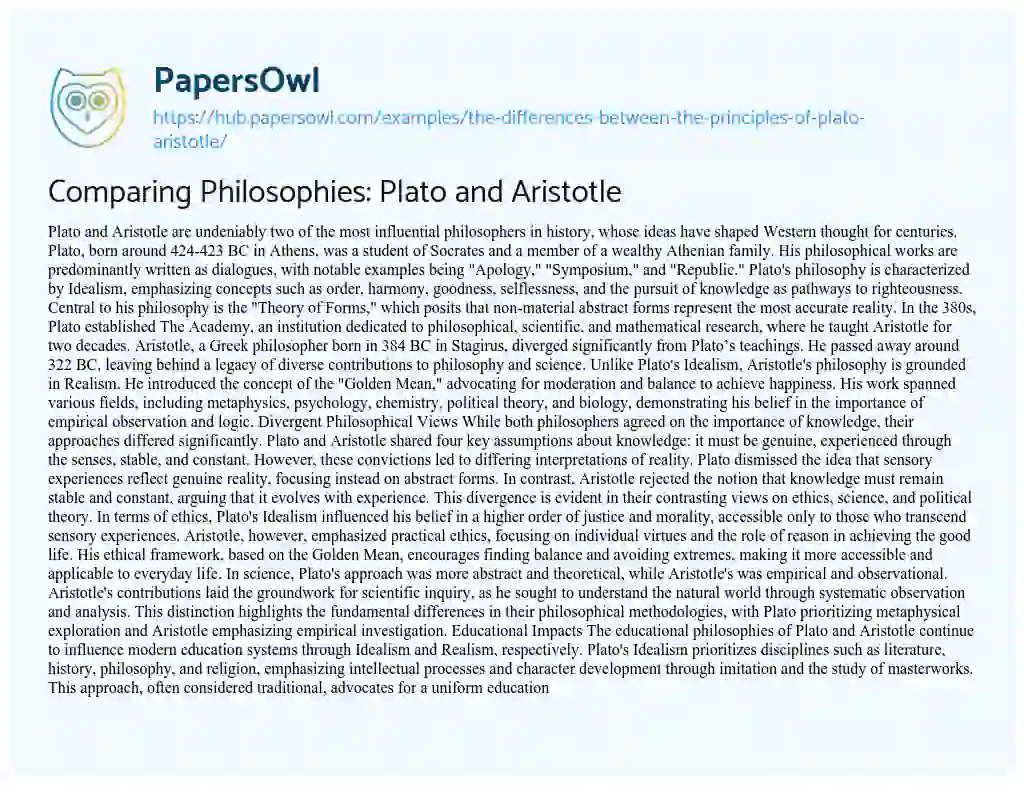 Essay on Comparing Philosophies: Plato and Aristotle