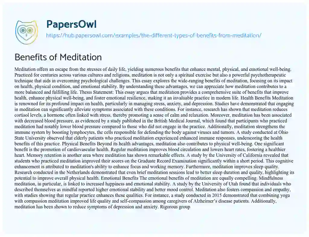 Essay on Benefits of Meditation