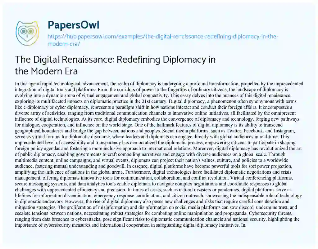 Essay on The Digital Renaissance: Redefining Diplomacy in the Modern Era