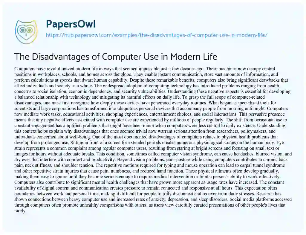 Essay on The Disadvantages of Computer Use in Modern Life