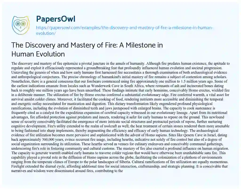 Essay on The Discovery and Mastery of Fire: A Milestone in Human Evolution