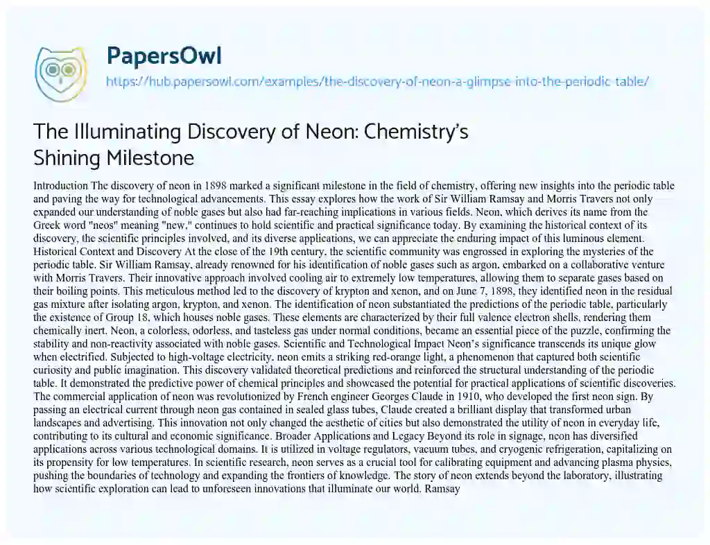 Essay on The Illuminating Discovery of Neon: Chemistry’s Shining Milestone