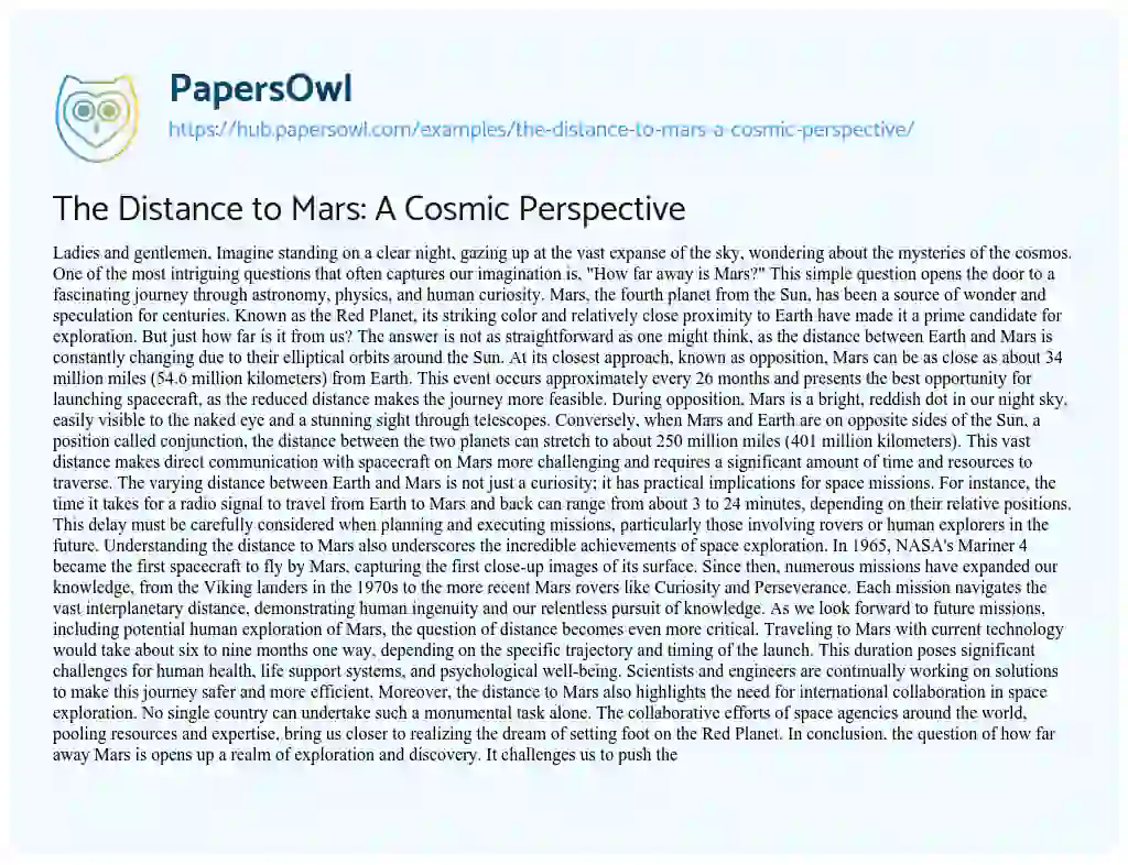 Essay on The Distance to Mars: A Cosmic Perspective