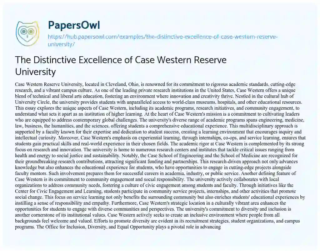 Essay on The Distinctive Excellence of Case Western Reserve University