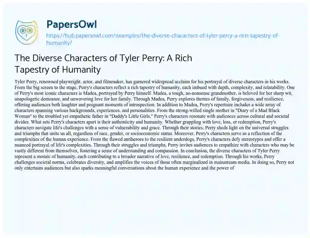 Essay on The Diverse Characters of Tyler Perry: A Rich Tapestry of Humanity