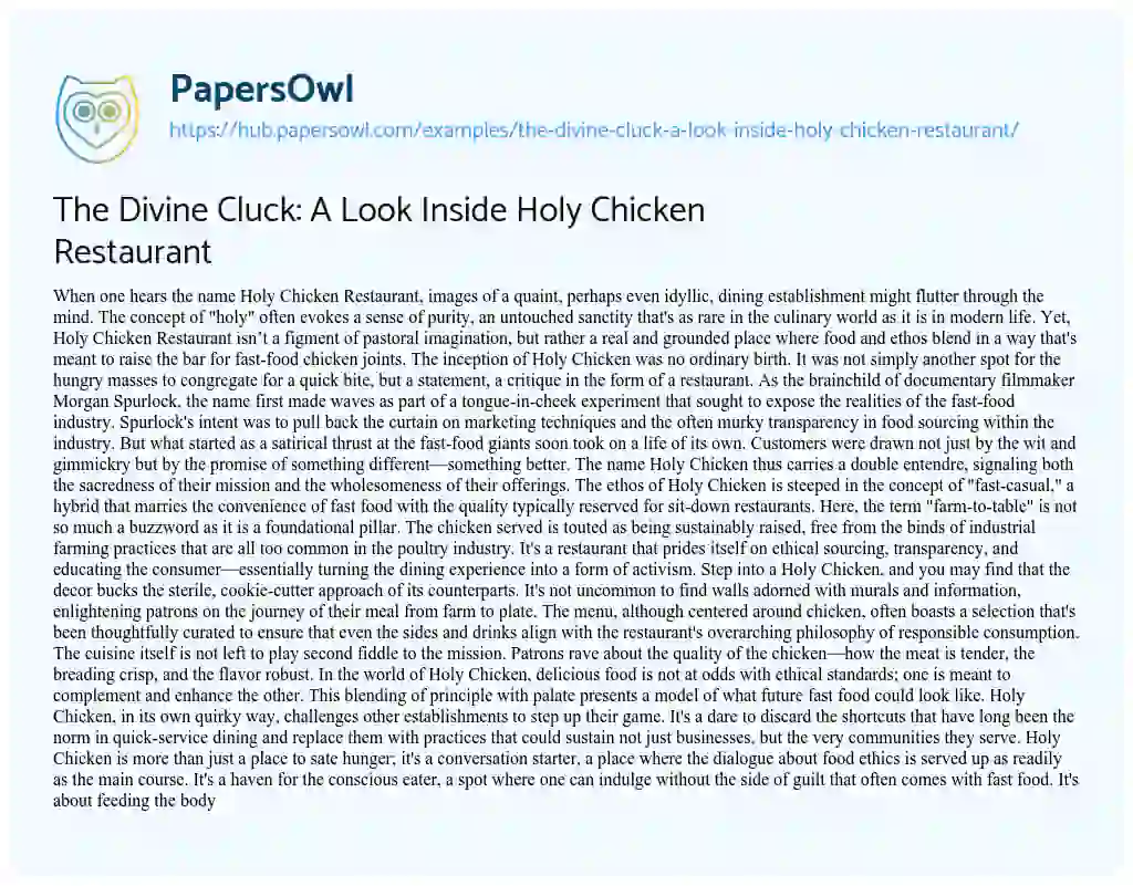 Essay on The Divine Cluck: A Look Inside Holy Chicken Restaurant