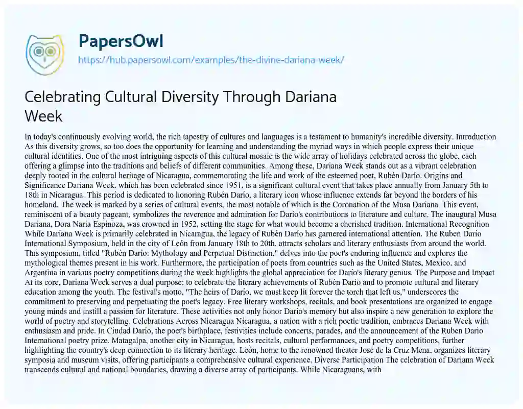 Essay on Celebrating Cultural Diversity Through Dariana Week