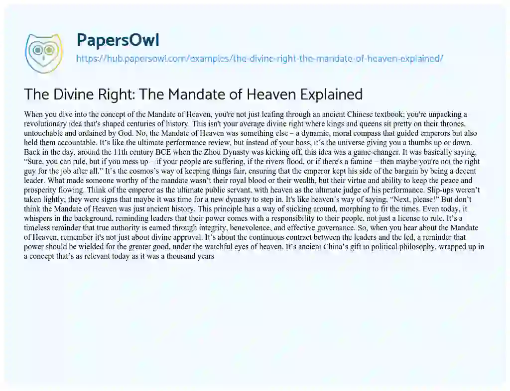 Essay on The Divine Right: The Mandate of Heaven Explained