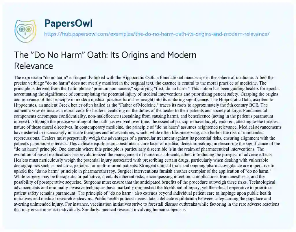 Essay on The “Do No Harm” Oath: Its Origins and Modern Relevance