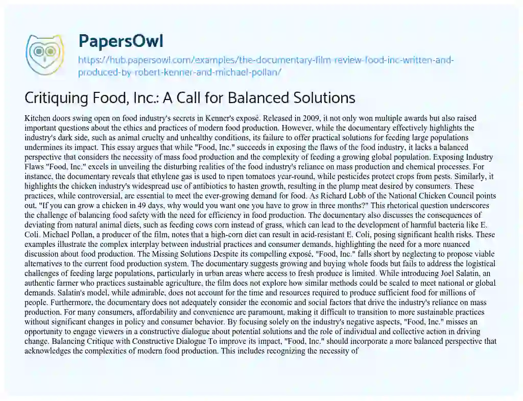 Essay on Critiquing Food, Inc.: A Call for Balanced Solutions