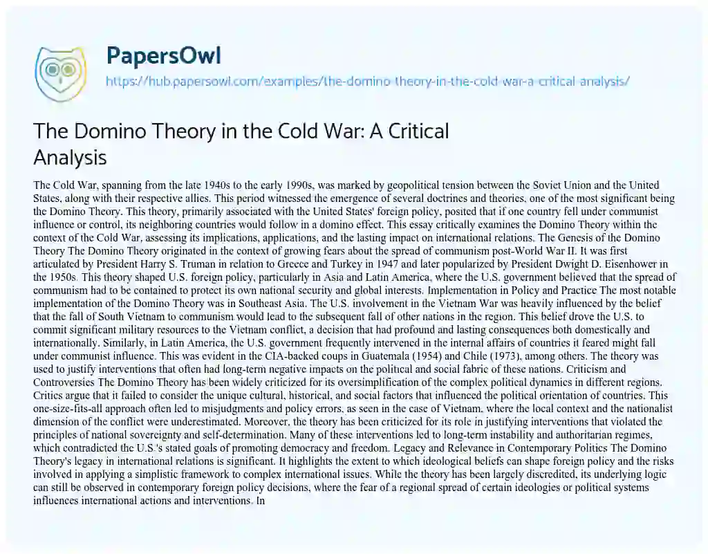 Essay on The Domino Theory in the Cold War: A Critical Analysis