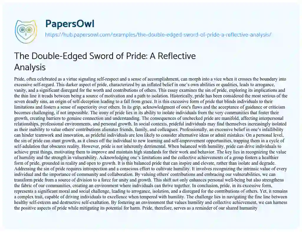 Essay on The Double-Edged Sword of Pride: A Reflective Analysis