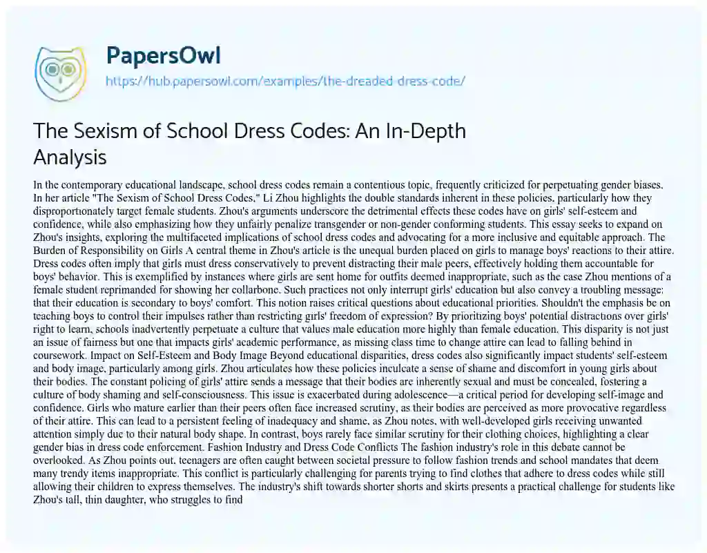 Essay on The Sexism of School Dress Codes: An In-Depth Analysis