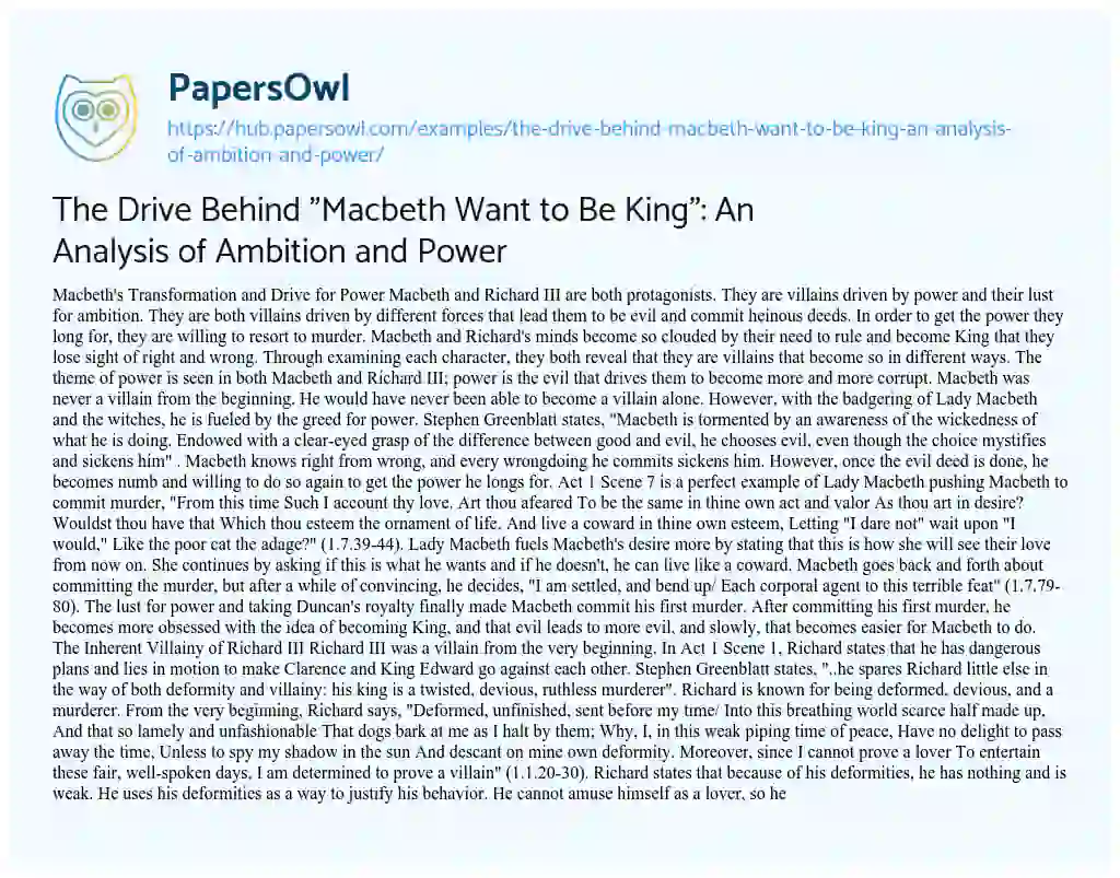 Essay on The Drive Behind “Macbeth Want to Be King”: An Analysis of Ambition and Power