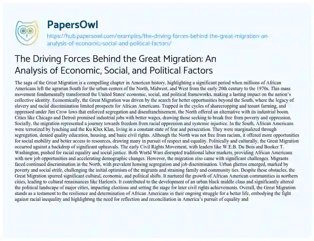 Essay on The Driving Forces Behind the Great Migration: An Analysis of Economic, Social, and Political Factors
