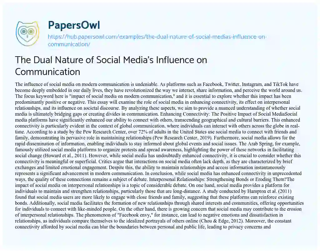 Essay on The Dual Nature of Social Media’s Influence on Communication