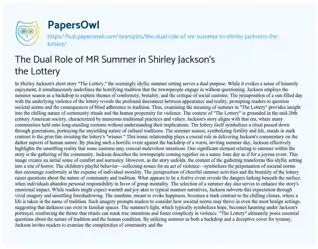 Essay on The Dual Role of MR Summer in Shirley Jackson’s the Lottery