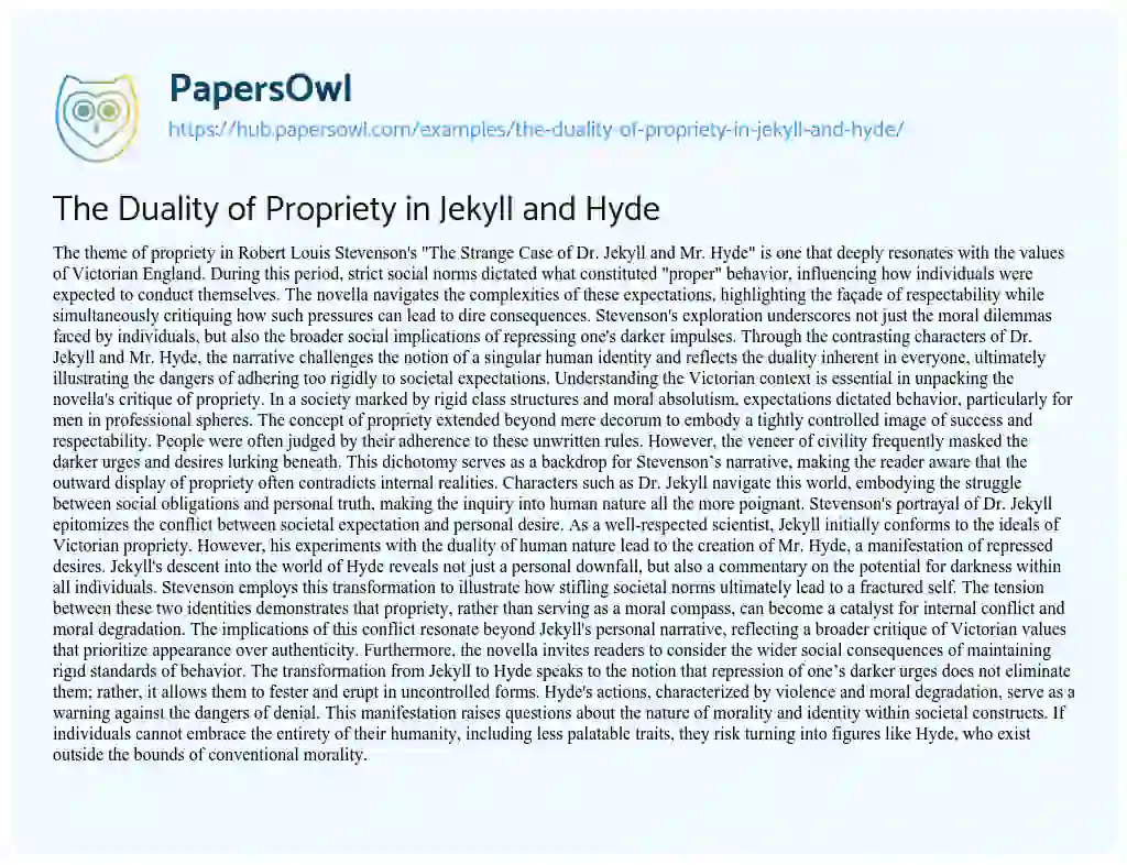 Essay on The Duality of Propriety in Jekyll and Hyde