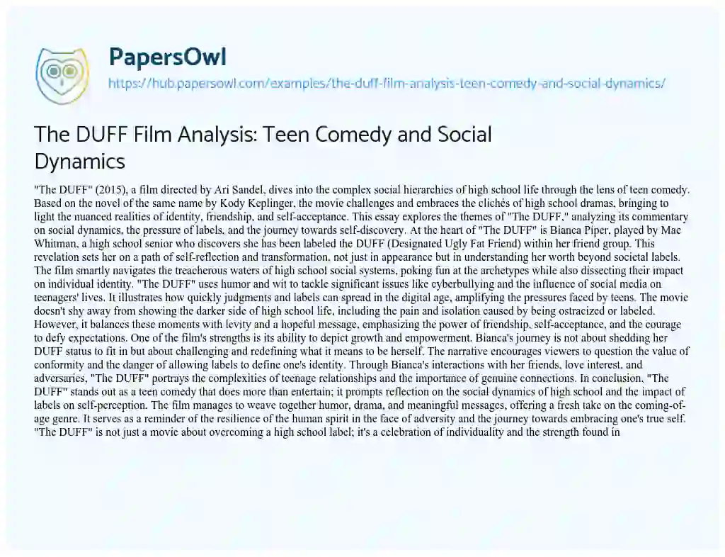 Essay on The DUFF Film Analysis: Teen Comedy and Social Dynamics