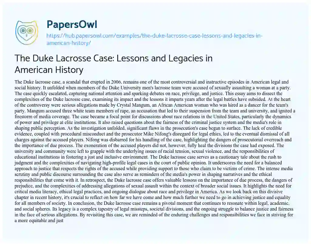 Essay on The Duke Lacrosse Case: Lessons and Legacies in American History