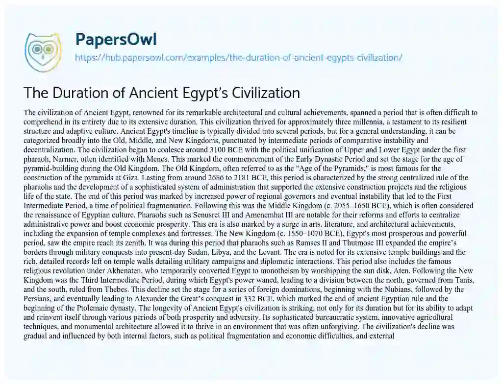 Essay on The Duration of Ancient Egypt’s Civilization