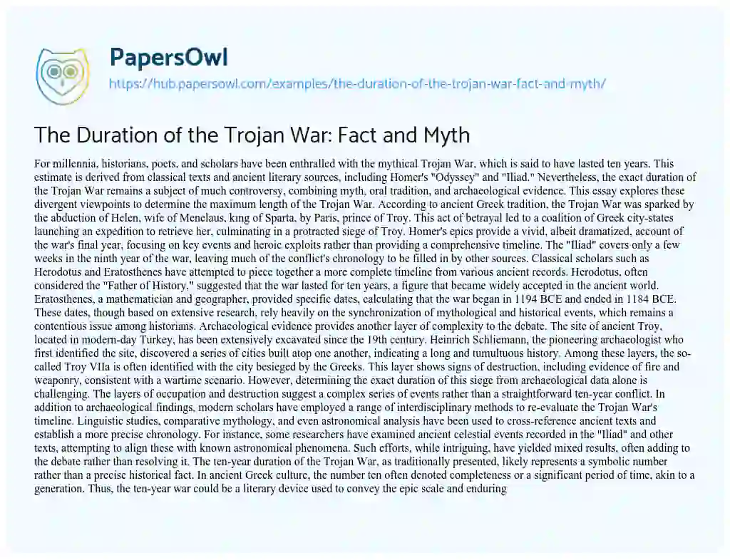 Essay on The Duration of the Trojan War: Fact and Myth
