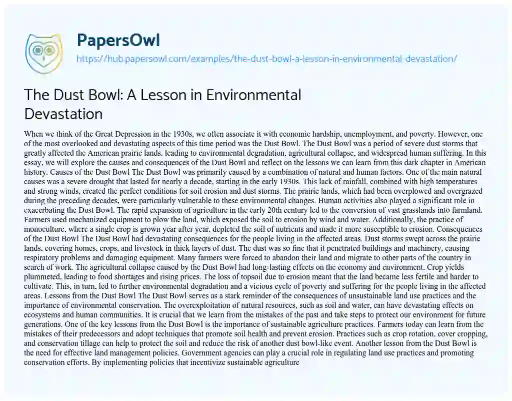 Essay on The Dust Bowl: A Lesson in Environmental Devastation