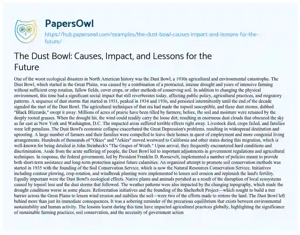 Essay on The Dust Bowl: Causes, Impact, and Lessons for the Future