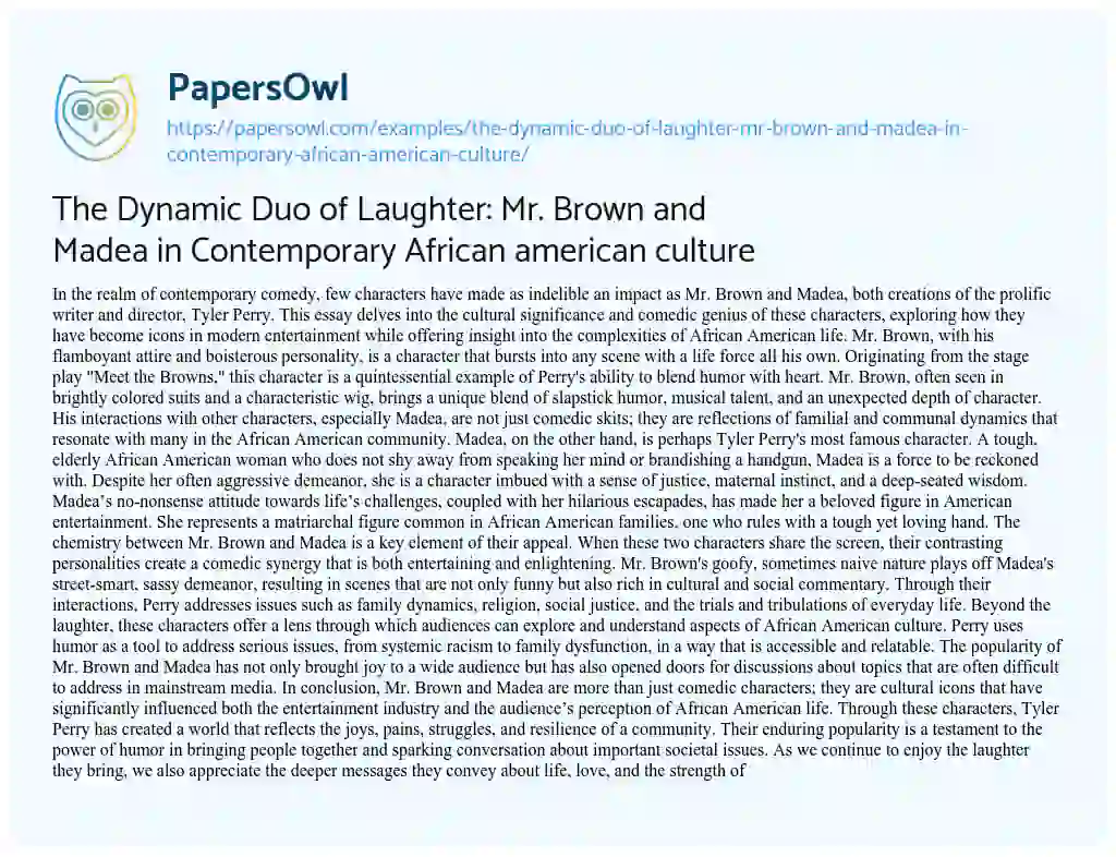 Essay on The Dynamic Duo of Laughter: Mr. Brown and Madea in Contemporary African american culture