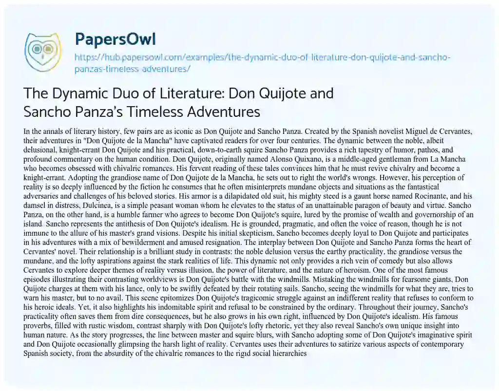 Essay on The Dynamic Duo of Literature: Don Quijote and Sancho Panza’s Timeless Adventures