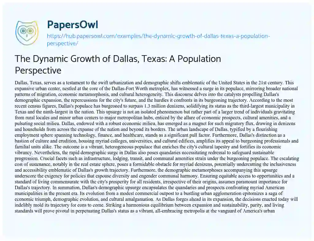 Essay on The Dynamic Growth of Dallas, Texas: A Population Perspective