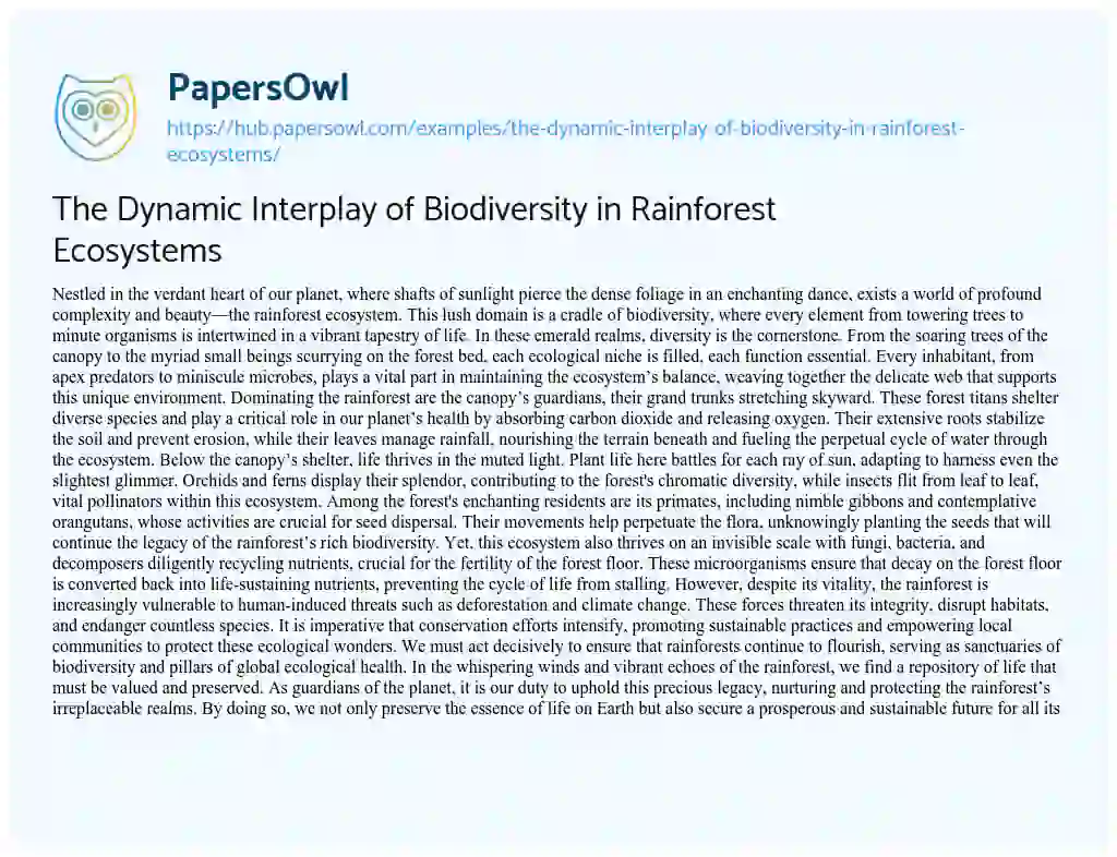 Essay on The Dynamic Interplay of Biodiversity in Rainforest Ecosystems