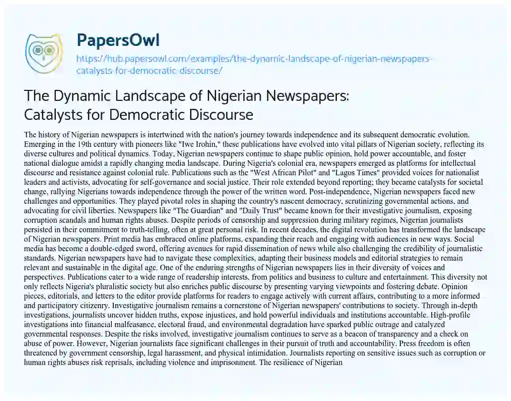 Essay on The Dynamic Landscape of Nigerian Newspapers: Catalysts for Democratic Discourse