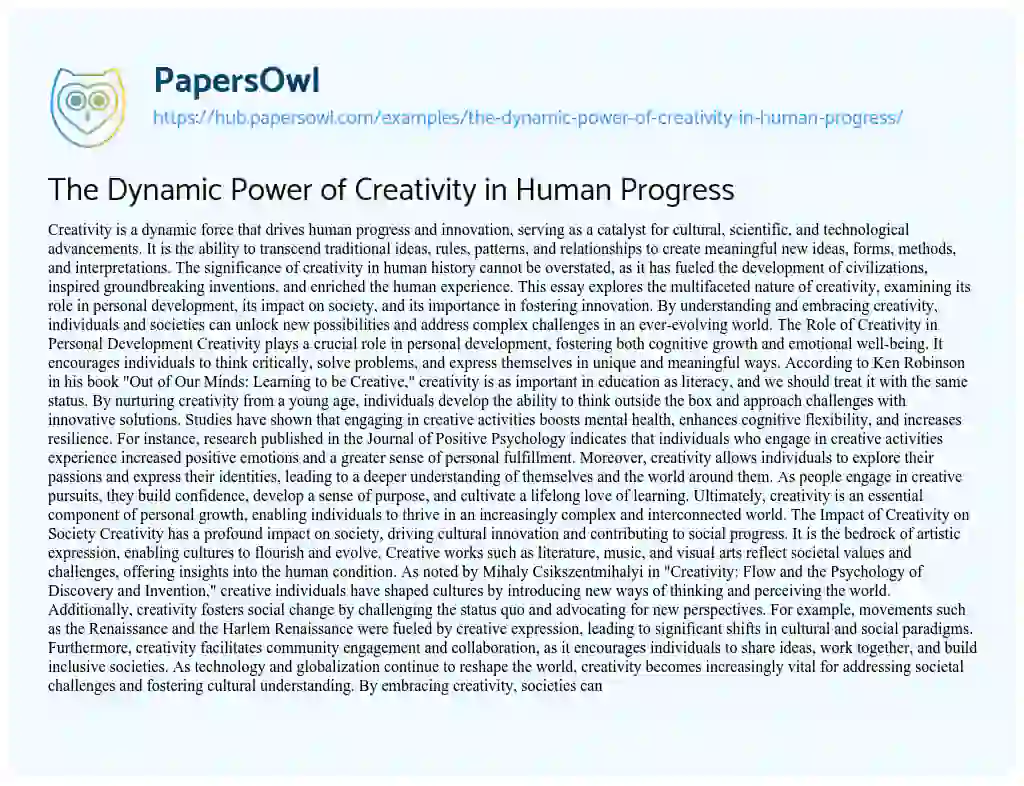 Essay on The Dynamic Power of Creativity in Human Progress