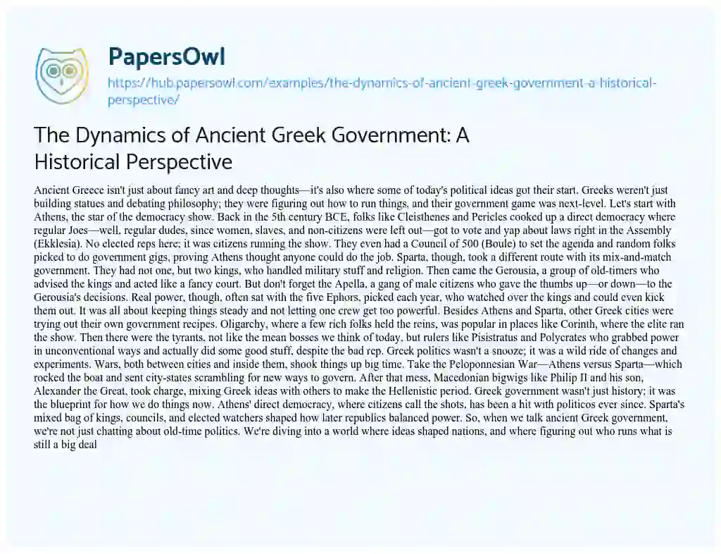 Essay on The Dynamics of Ancient Greek Government: A Historical Perspective